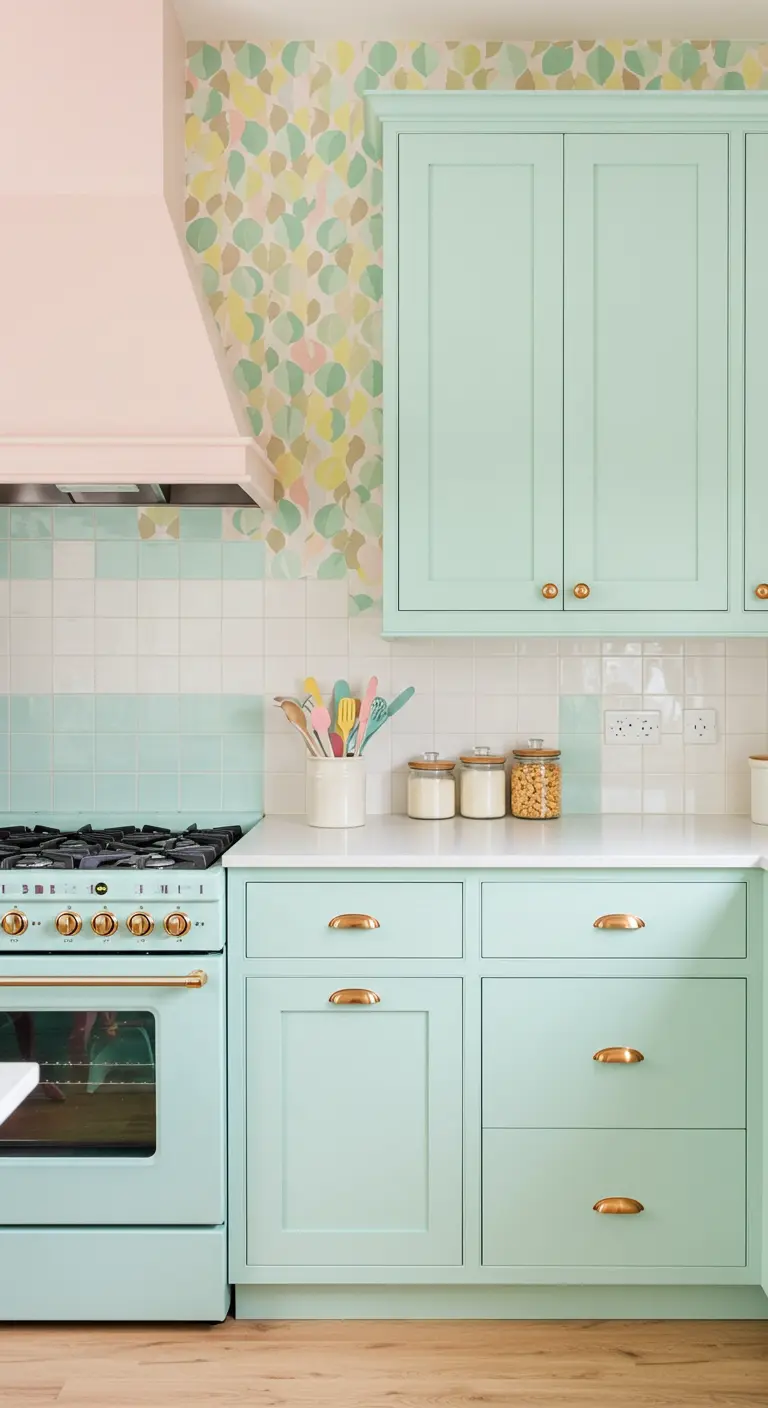 A pastel kitchen with mint green cabinets, a pink hood, and whimsical leaf wallpaper.