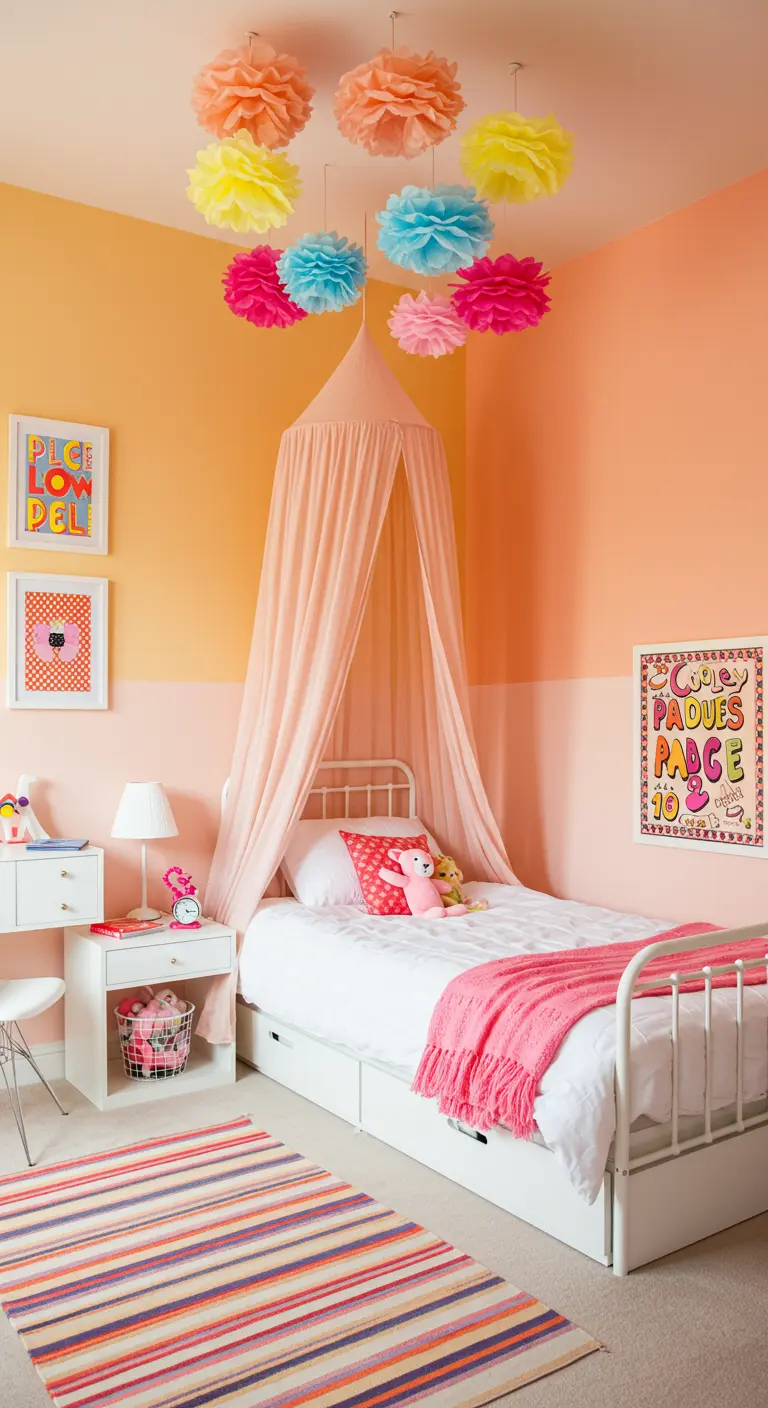 Child's bedroom with a peach-colored canopy and paper pom-poms on the ceiling.