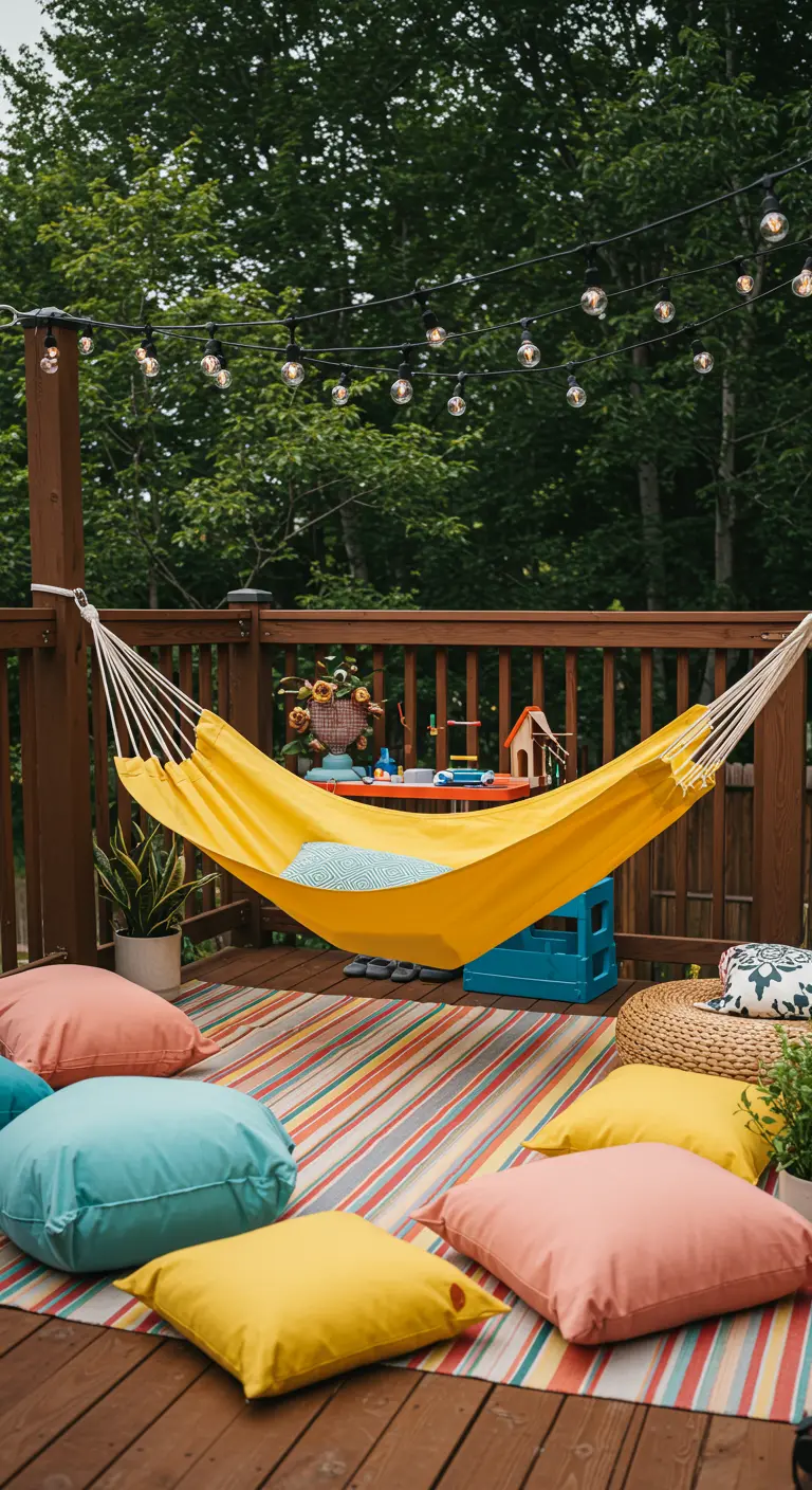 A bright yellow hammock on a deck with colorful floor cushions and a striped rug.
