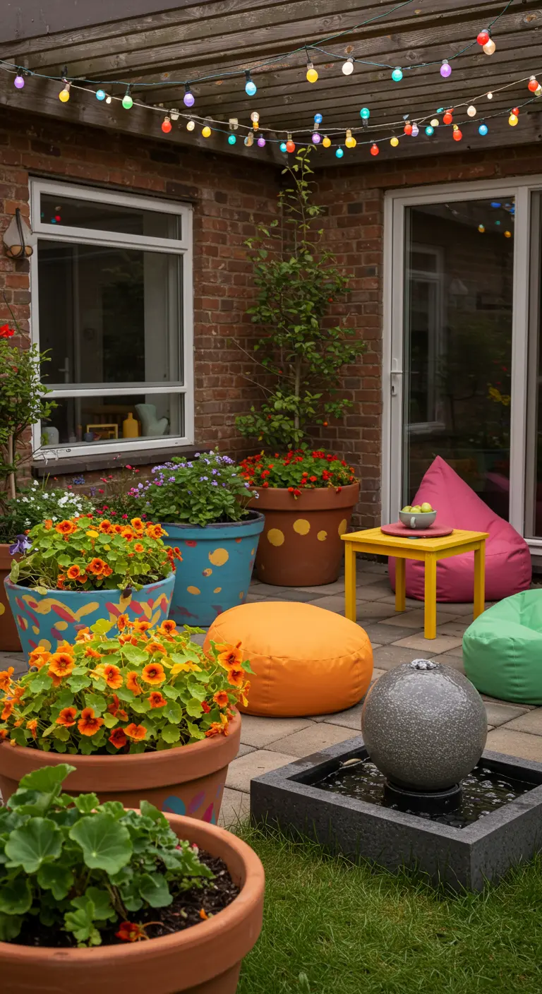 A playful patio with colorful beanbags, painted pots, and multi-colored string lights.