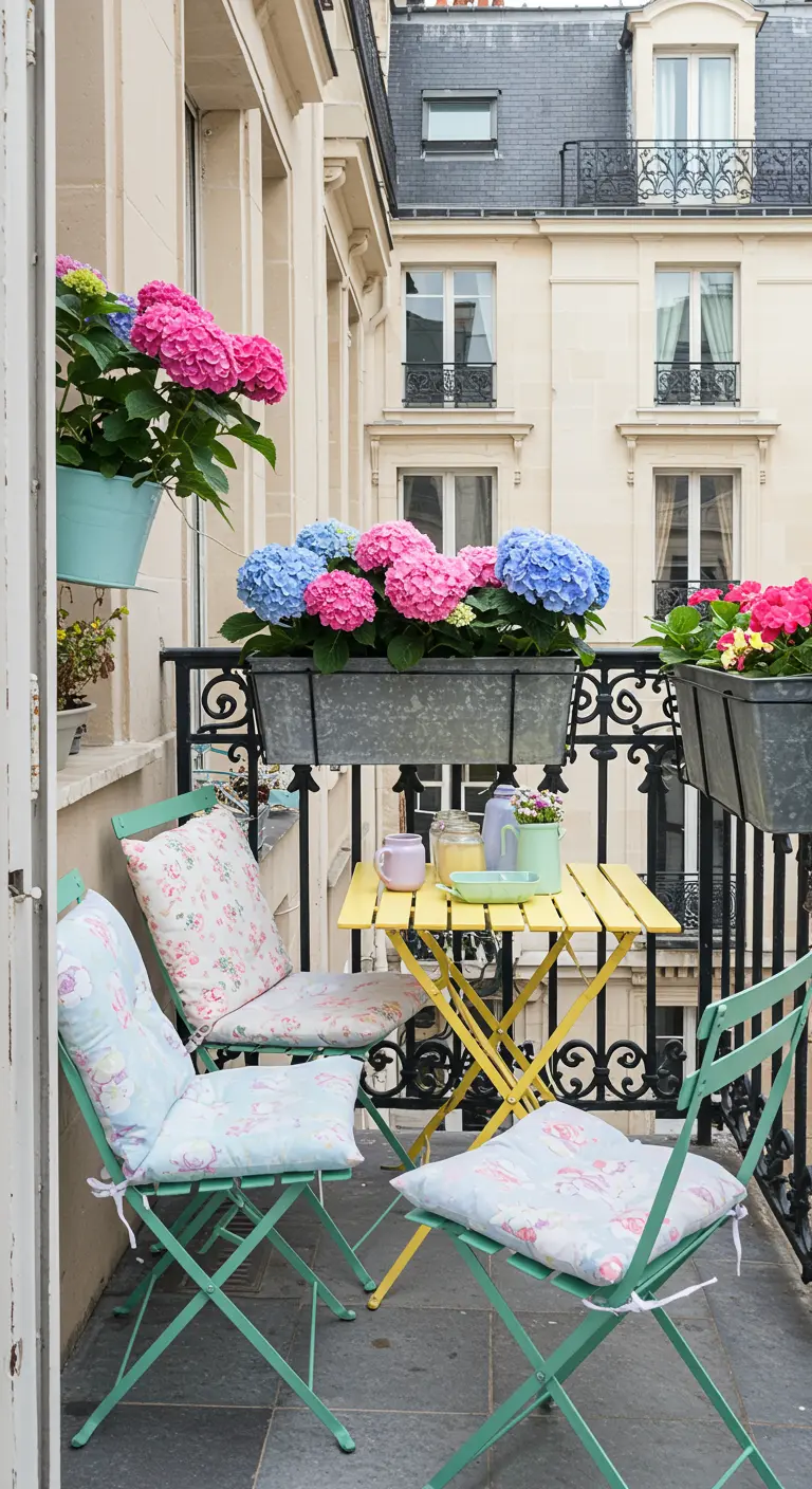 A colorful balcony with mint green and yellow chairs, surrounded by pink and blue hydrangeas.