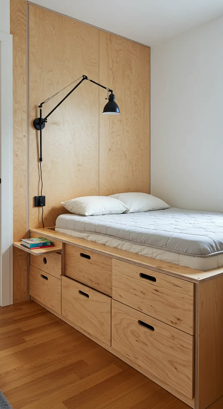 Modern bedroom with plywood walls and a custom plywood bed with many drawers.