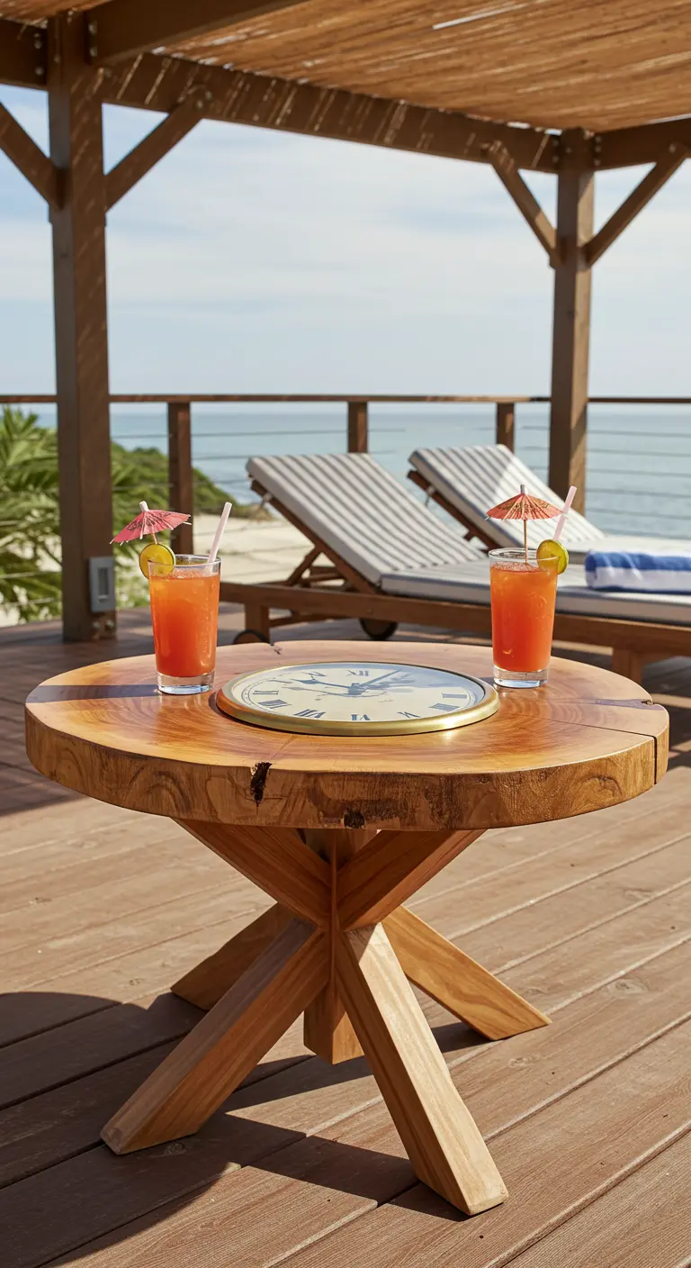 A large wood slice table with an inset brass-rimmed clock on a teak base by the beach.