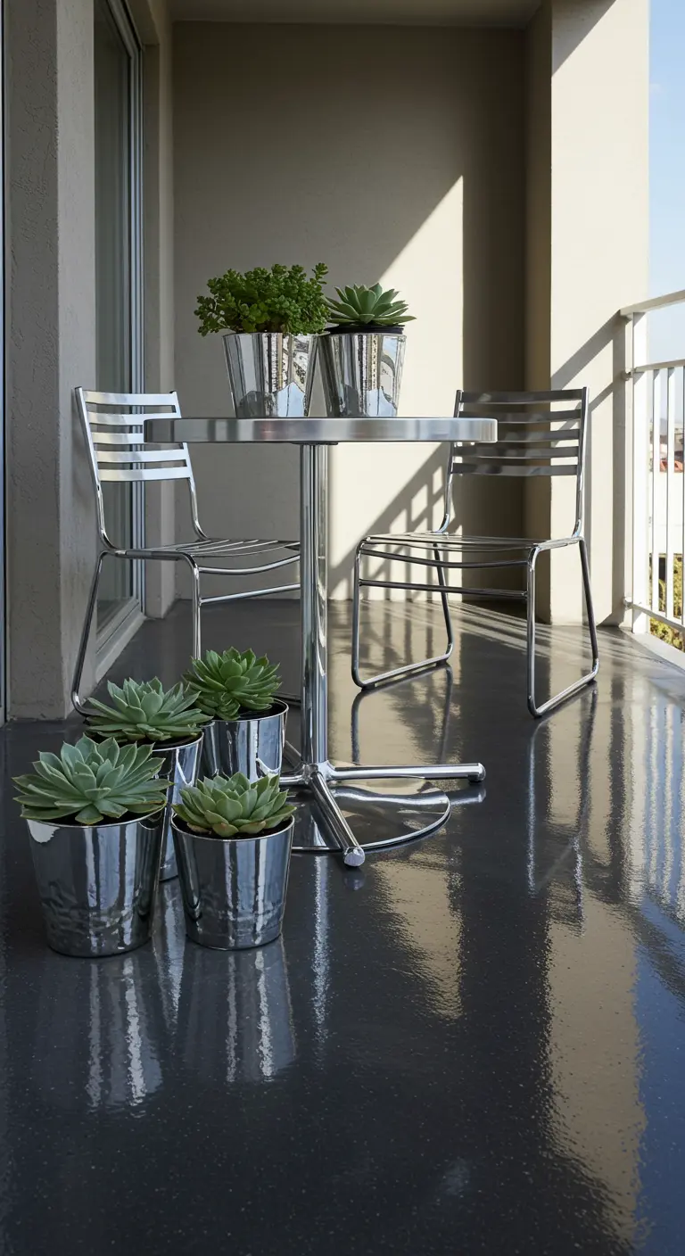 A polished chrome bistro set and matching chrome pots with succulents on a glossy gray balcony floor.