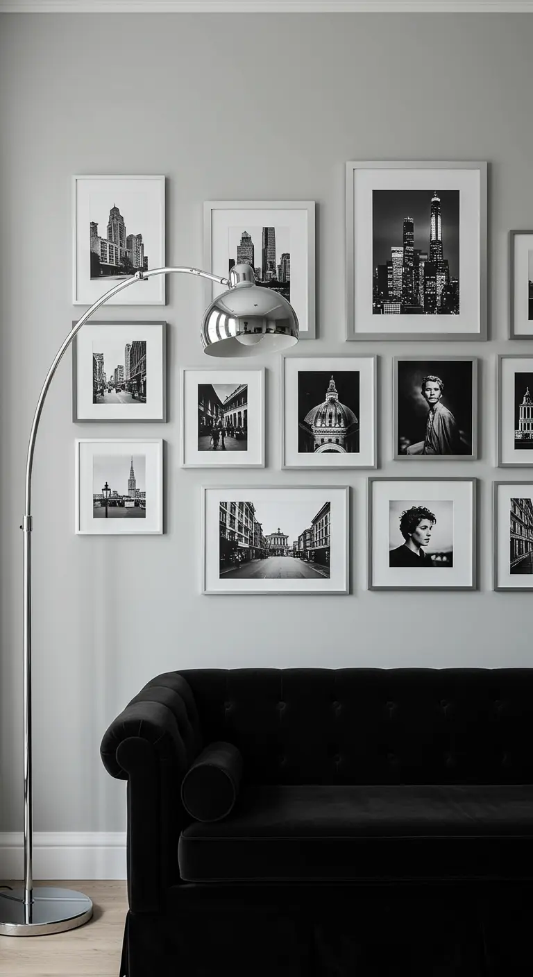 Black and white city photography in white frames arranged over a black sofa.
