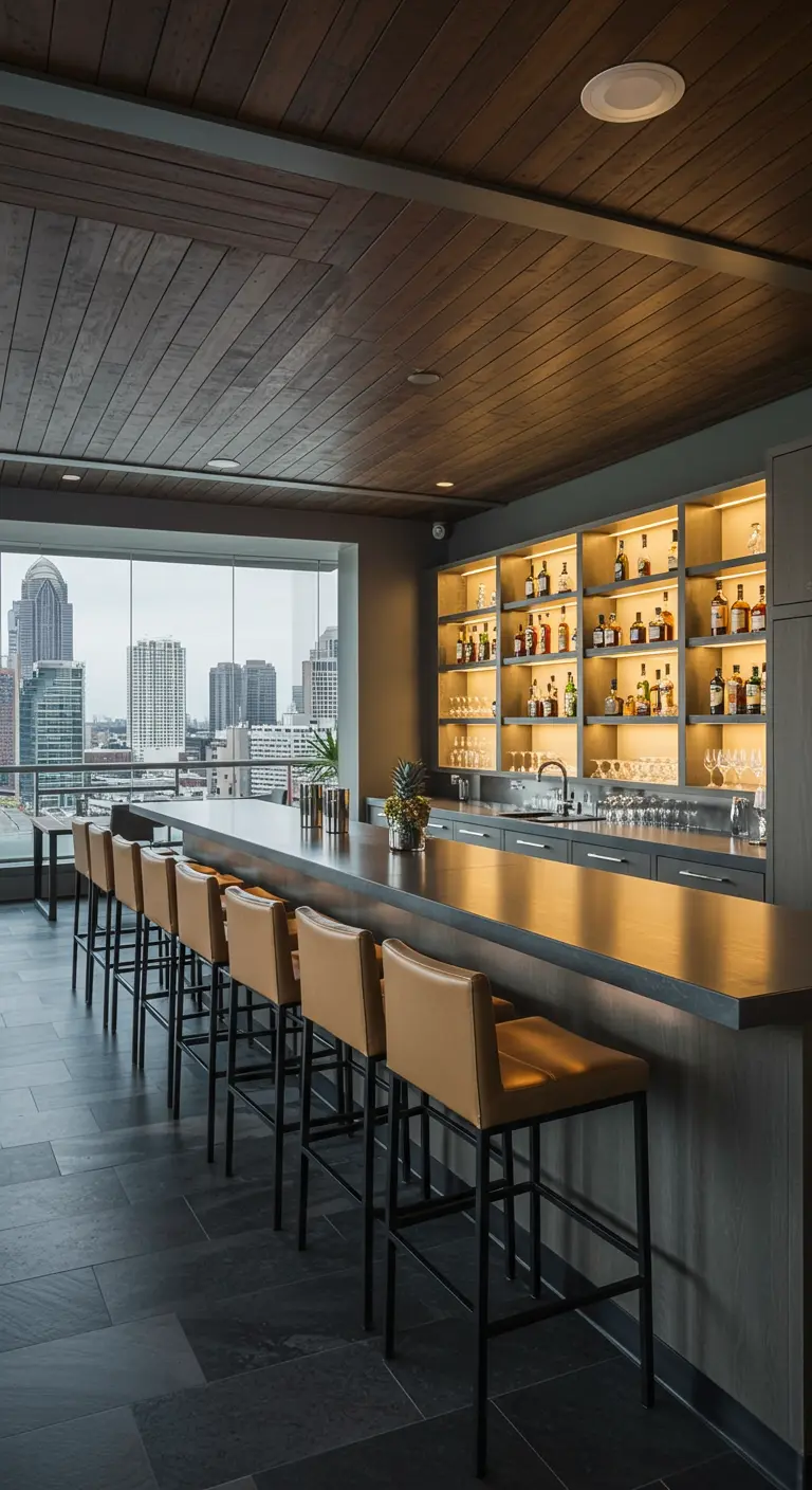 Modern rooftop bar with a long dark counter, light leather stools, and a wood ceiling.