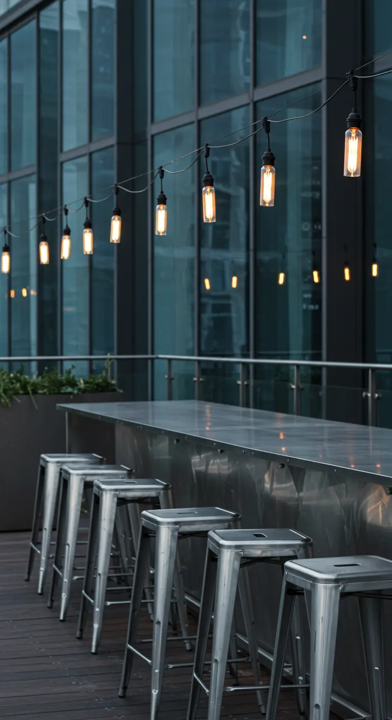 A long, sleek stainless steel bar on a rooftop with matching metal stools.