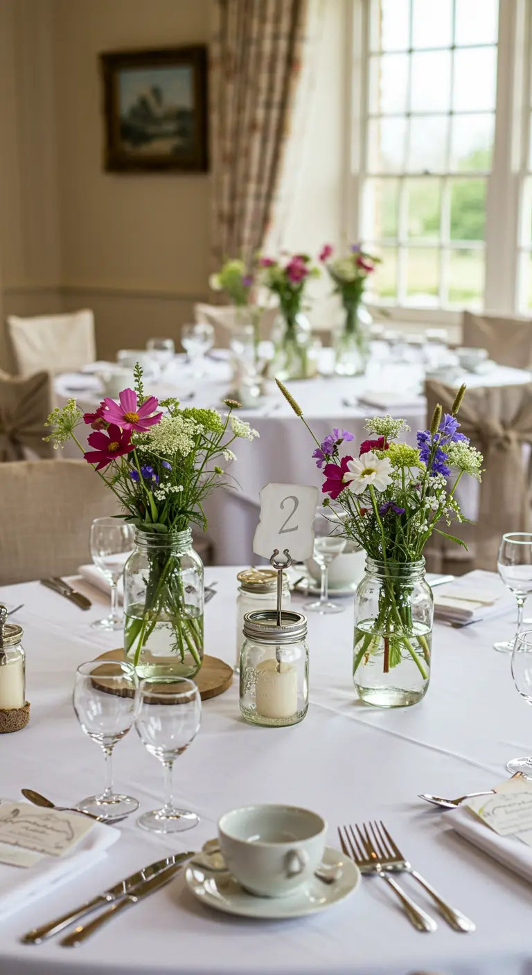 A round wedding table with a Mason jar centerpiece on a wood slice next to a table number.