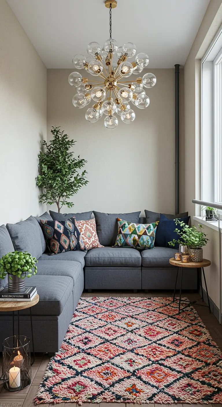 An enclosed balcony with a gray sectional, a large Sputnik chandelier, and a colorful shag rug.