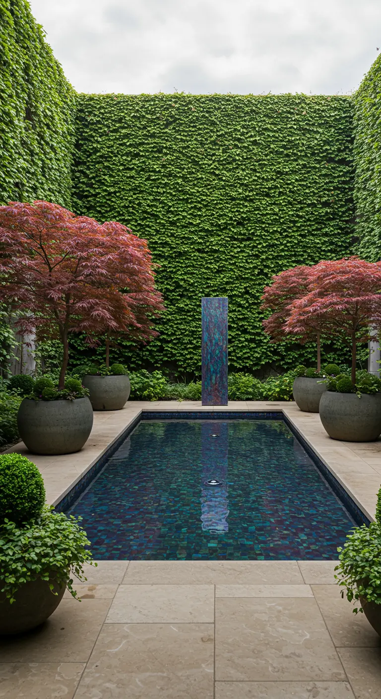 A serene courtyard with a reflecting pool, two Japanese maples, and ivy-covered walls.