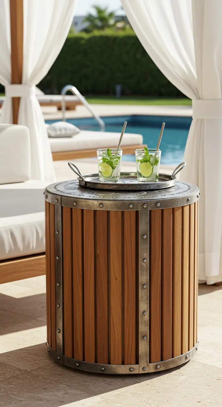 Round, barrel-style side table with wood slats and metal bands, set by a luxurious pool.