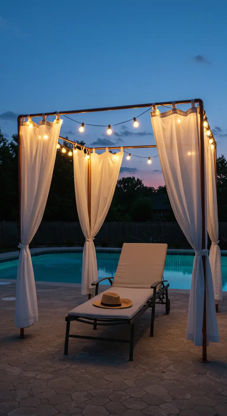 A four-poster copper pipe cabana with sheer white curtains and lights by a pool.