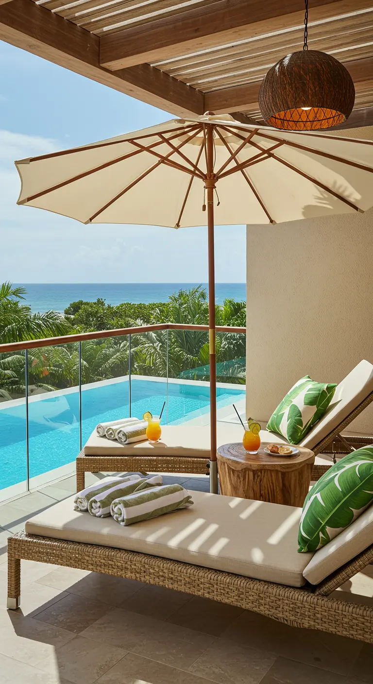Woven lounge chairs and a large umbrella on a balcony overlooking a pool.
