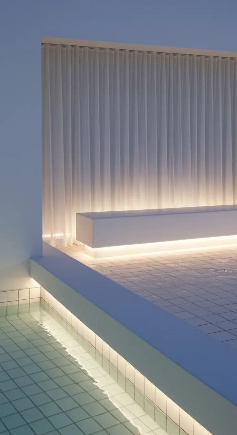 A white tiled ledge by a pool, illuminated from below with warm LED strip lights.