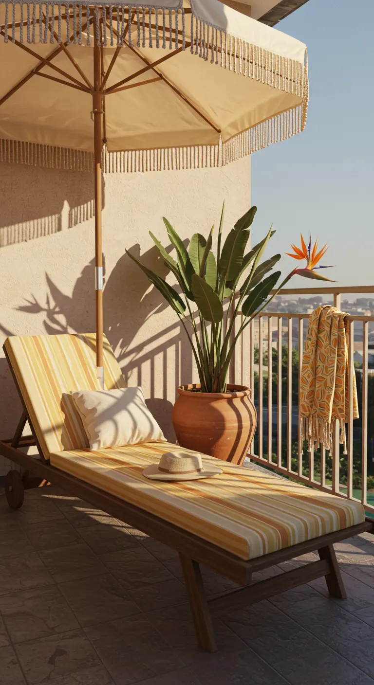 A balcony with a fringed umbrella, a striped chaise lounge, and a Bird of Paradise plant.
