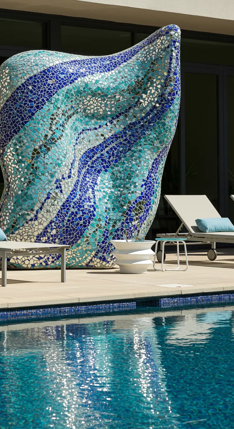 A very large, wavy mosaic sculpture in shades of blue sits by a modern swimming pool.