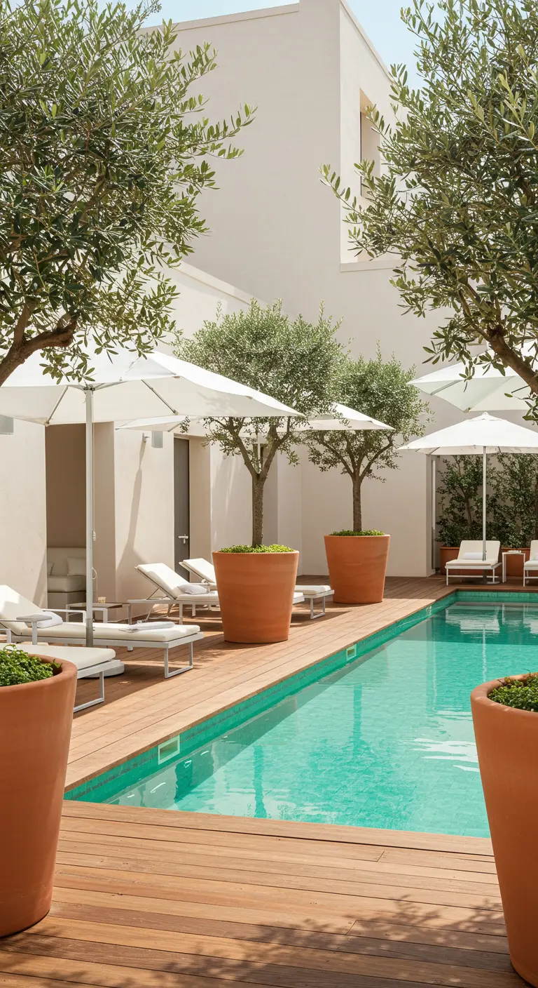A row of white umbrellas and loungers next to a modern pool with terracotta planters.