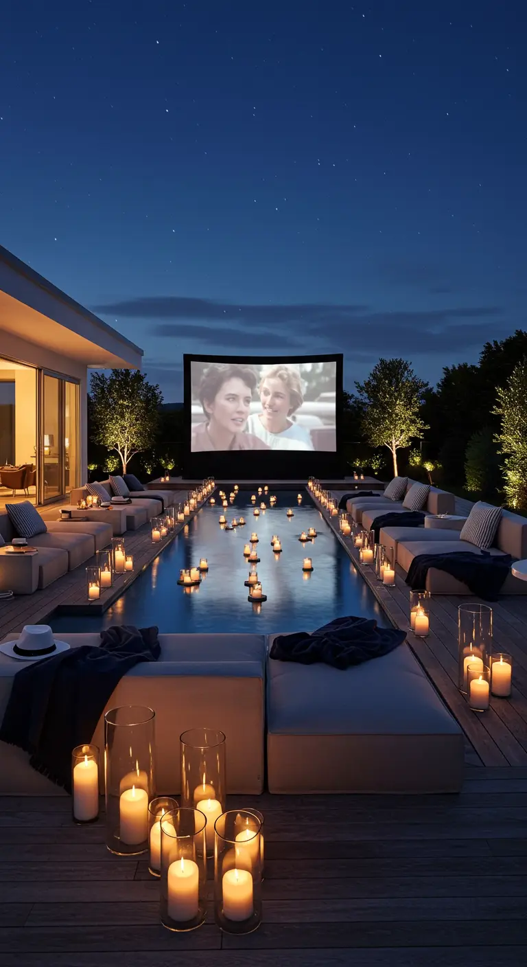 A movie night by a pool with dozens of candles lining the deck and floating in the water.