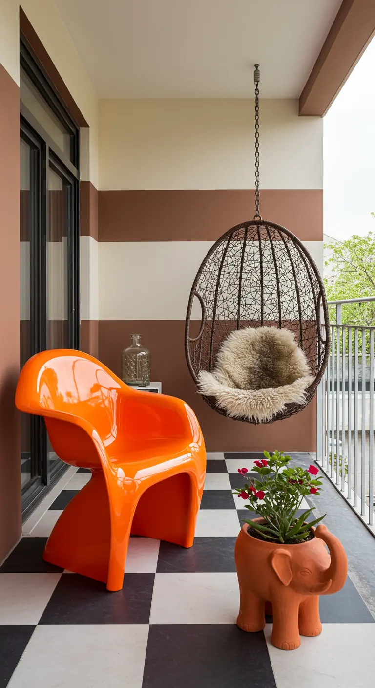 A balcony with a checkerboard floor, a bright orange chair, and a rattan egg chair.