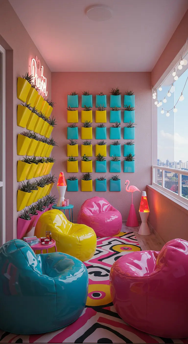 A vibrant pop art balcony with colorful beanbags, a graphic rug, and bright wall planters.