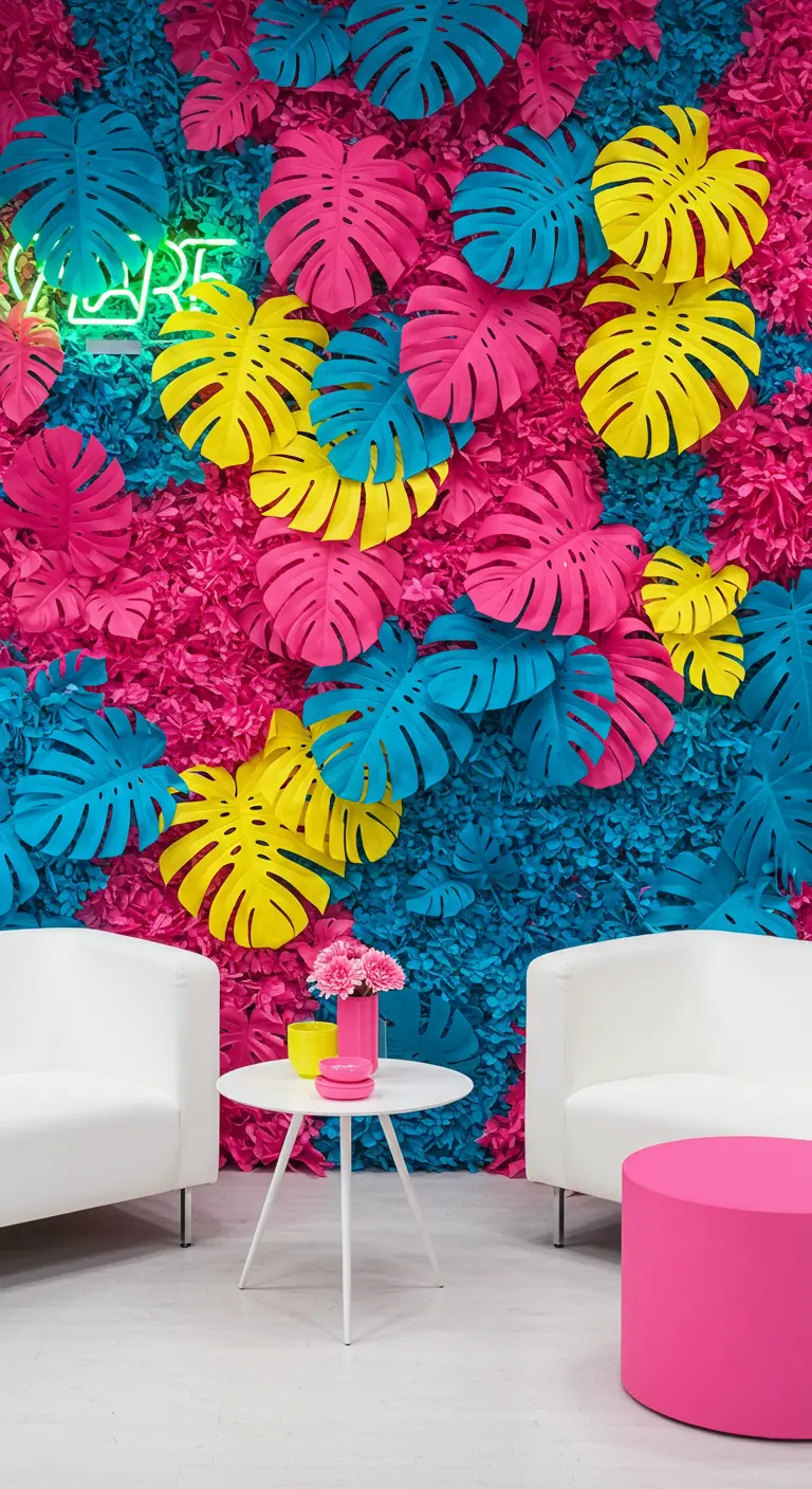 A vibrant wall of oversized paper monstera leaves in hot pink, yellow, and blue.