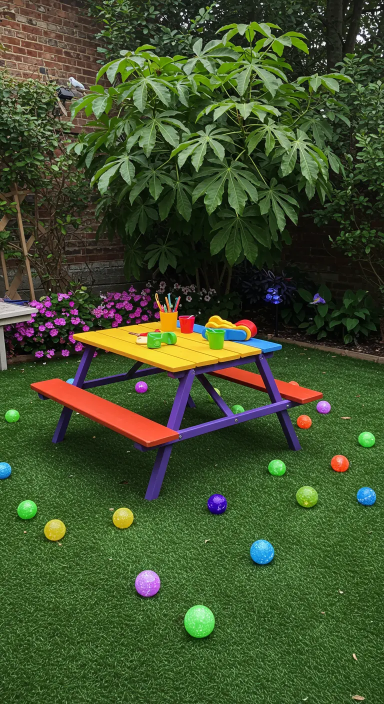 A colorful kids' picnic table on a green lawn with scattered play balls.