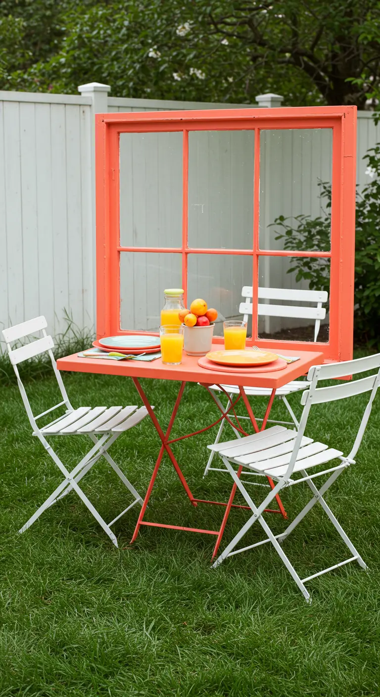 A bright coral-painted window frame stands behind a matching bistro table on a green lawn.