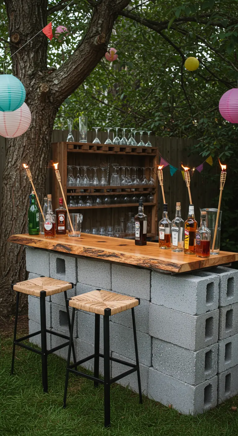 An outdoor garden bar made of cinder blocks with liquor bottles used as tiki torches.