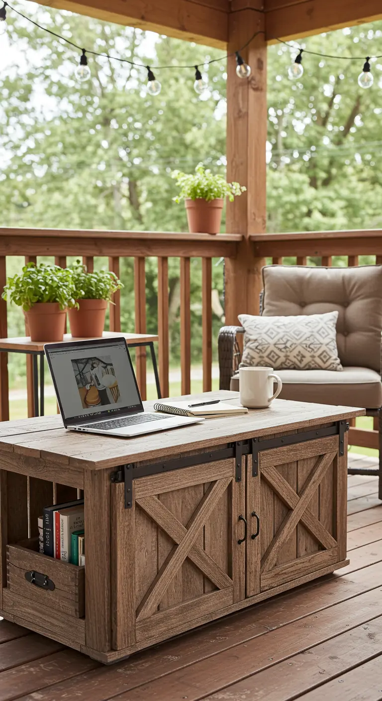 Crate coffee table with small sliding barn doors, used as an outdoor desk.