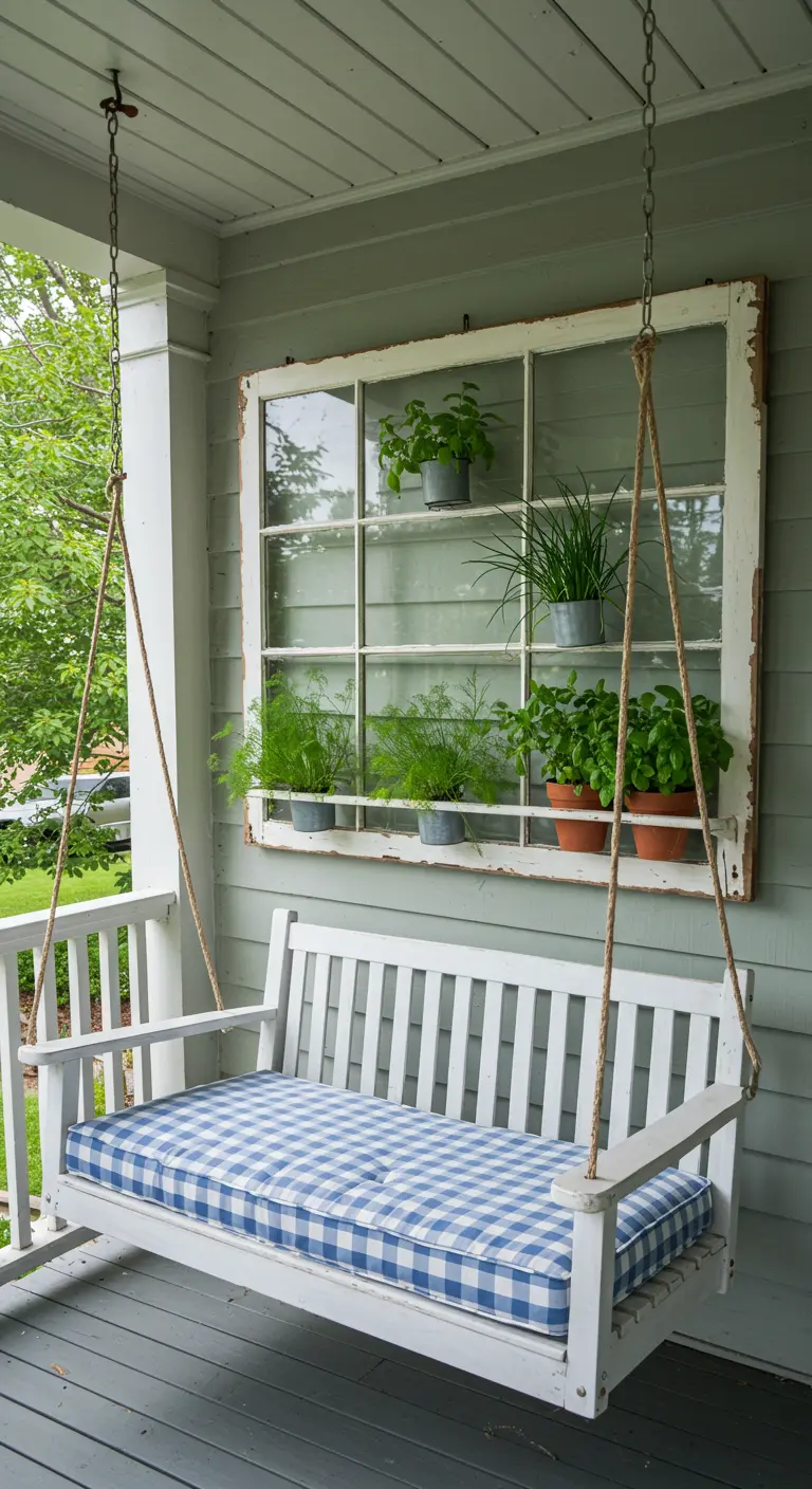 A white porch swing with a blue checked cushion hangs in front of a window frame used as a planter shelf.