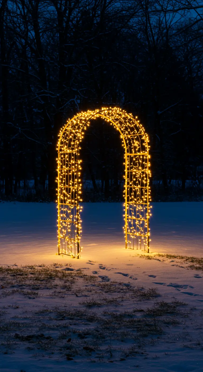 A metal garden arch standing alone in a snowy field, fully wrapped in lights.
