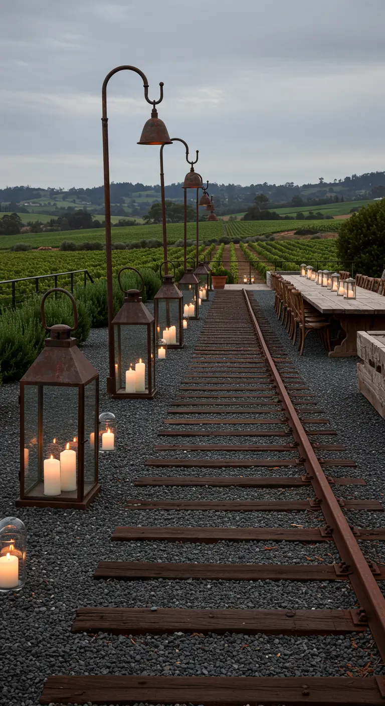 A long dining table next to old railway tracks is lit by large industrial lanterns.