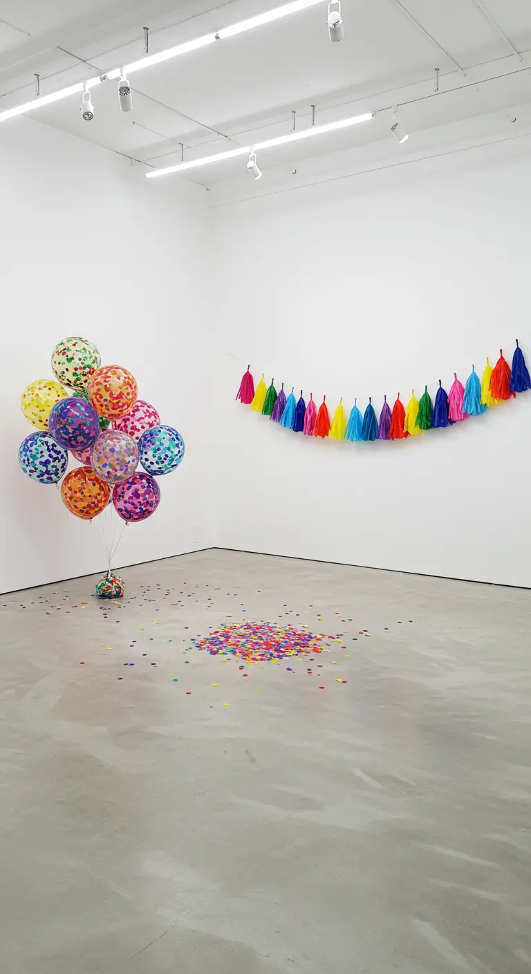 A minimalist white room with a bouquet of colorful confetti balloons and a pile of confetti on the floor.