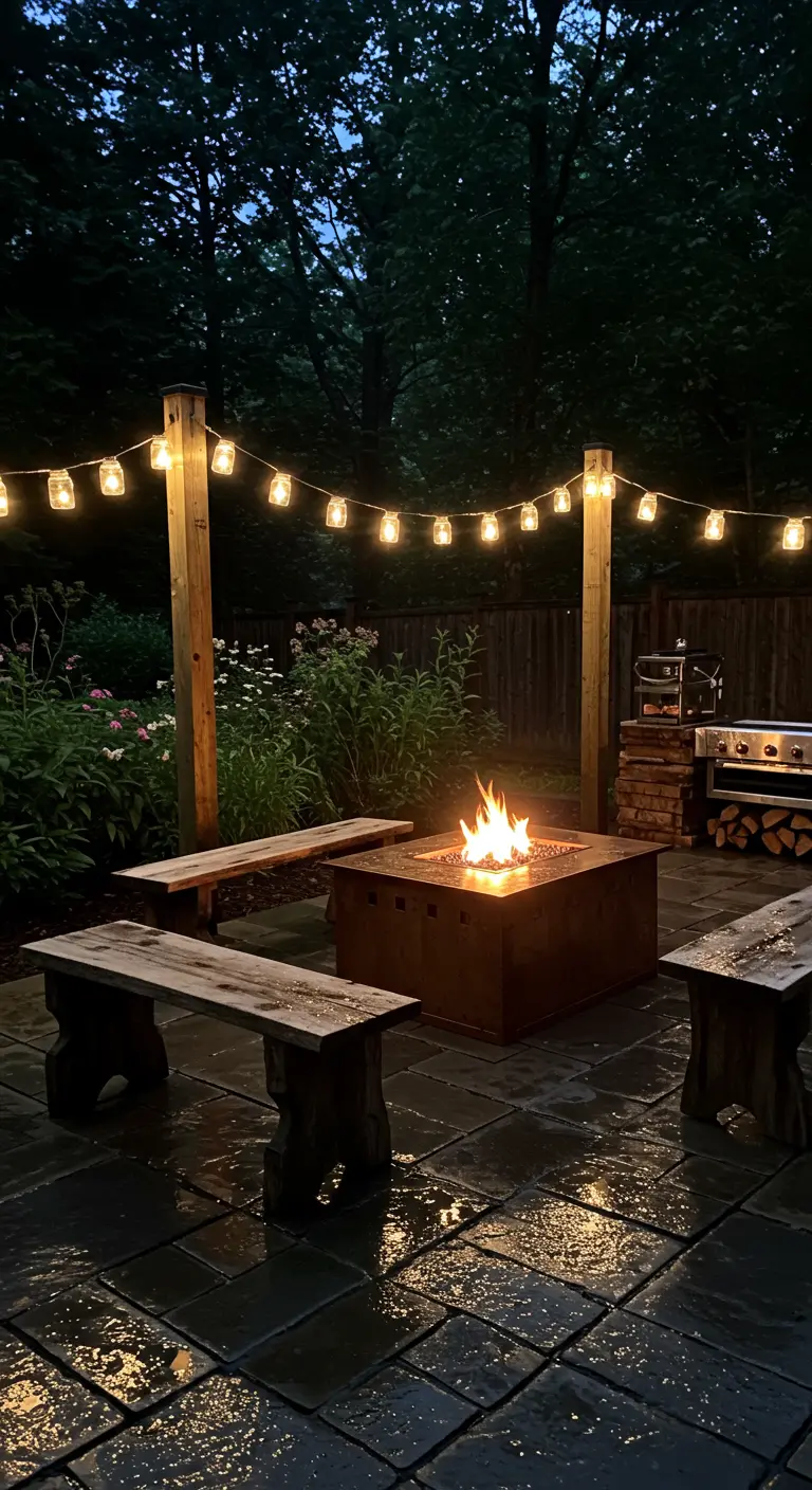 A wet stone patio at dusk with a fire pit, log benches, and mason jar lights strung between posts.