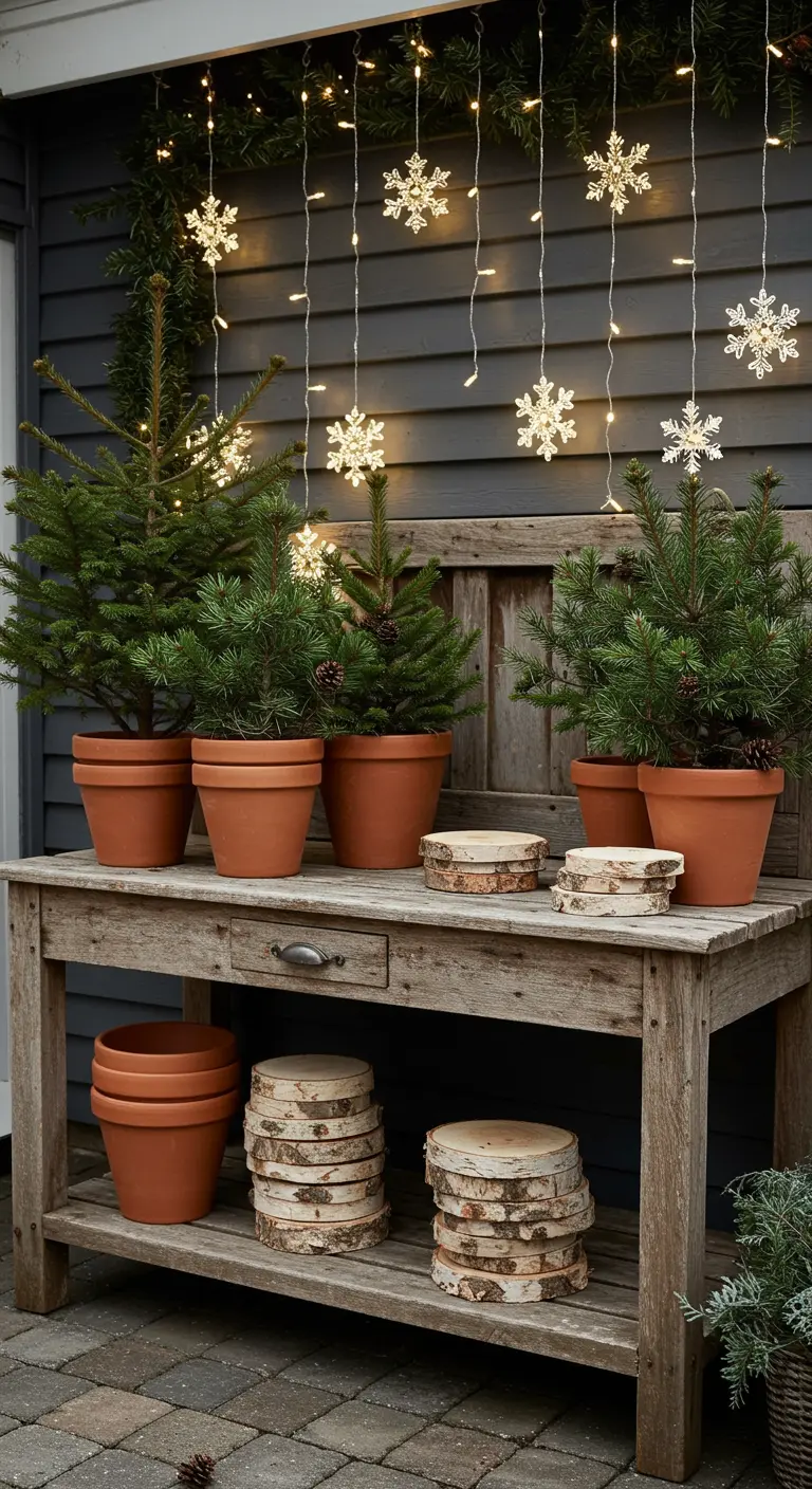 A wooden potting bench with potted pines, stacked birch slices, and a curtain of snowflake lights.