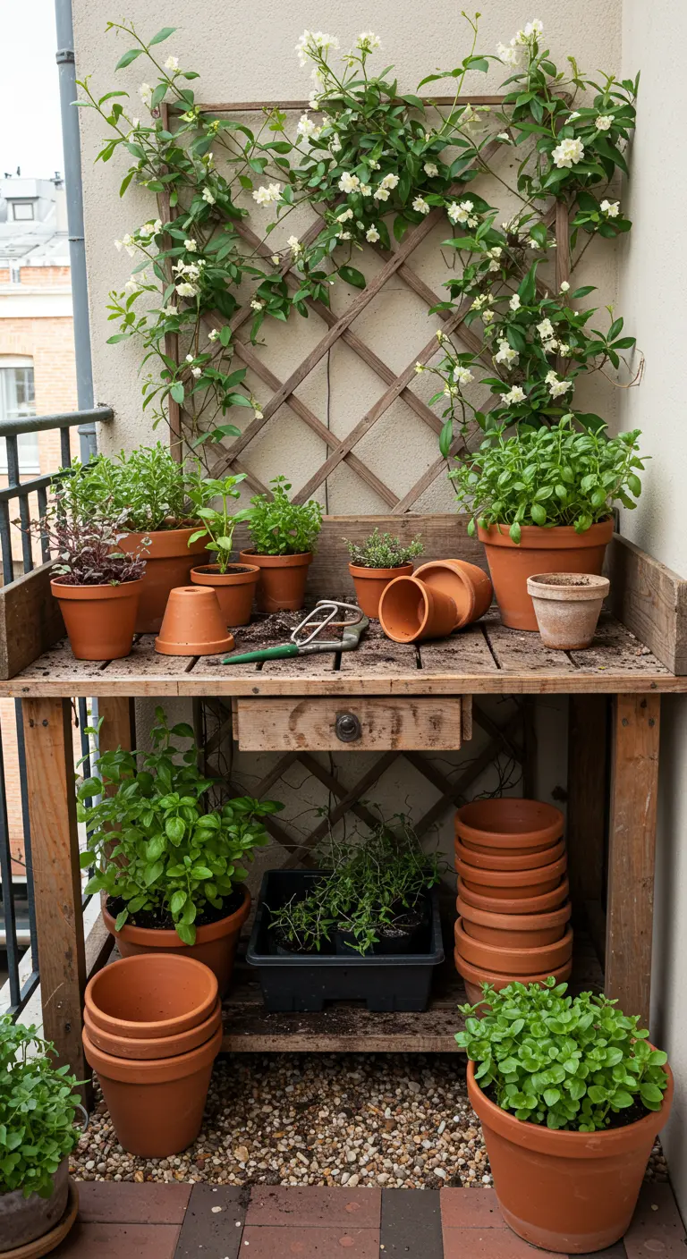 A rustic wooden potting bench on a balcony with terracotta pots and a climbing plant.