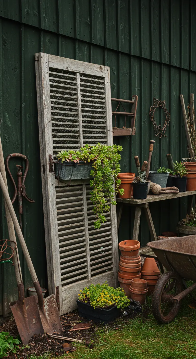 A single weathered shutter leaning against a dark green wall near a potting bench.
