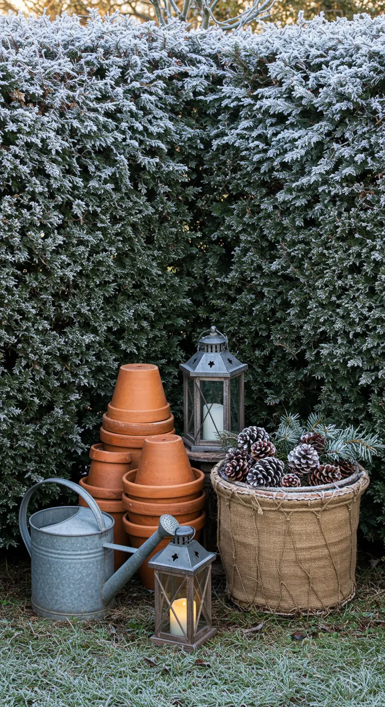 A garden scene with stacked terracotta pots, a basket of pinecones, a watering can, and lanterns.