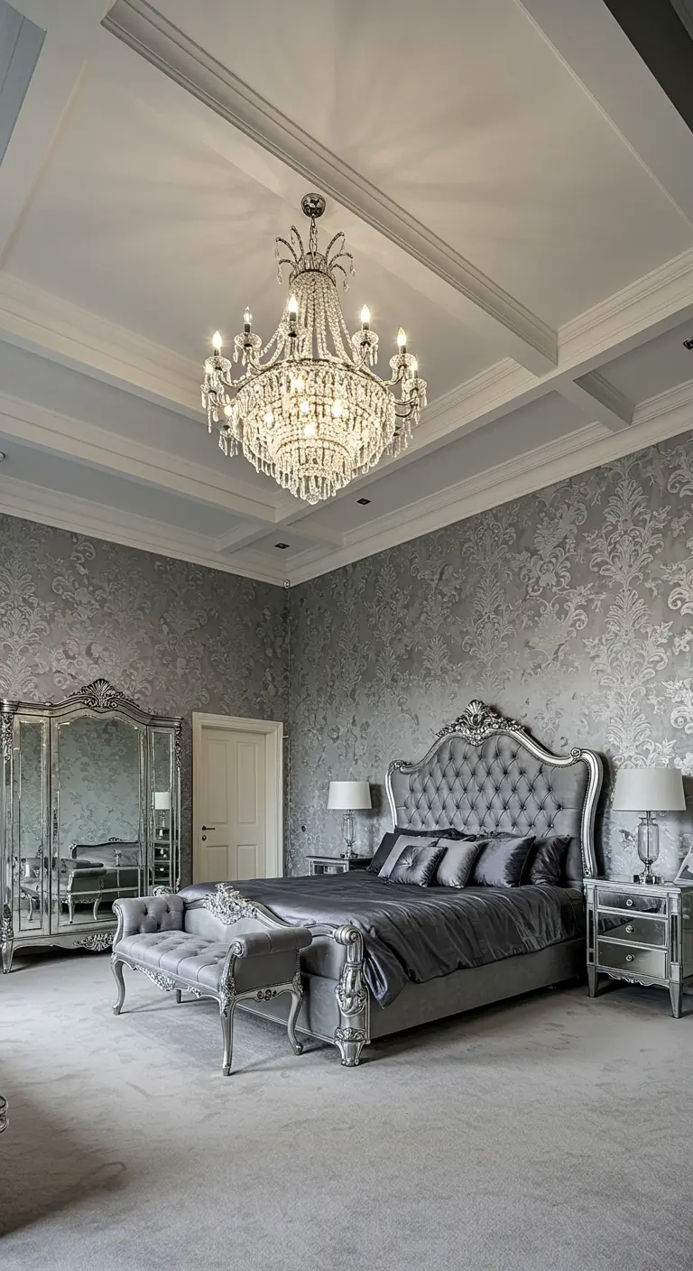 Grand bedroom with a large crystal chandelier, silver damask wallpaper, and mirrored furniture.