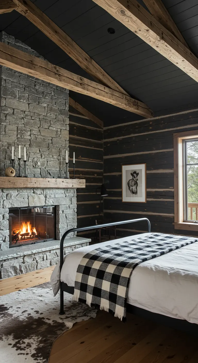 Cabin bedroom with black log walls, a metal frame bed, and a buffalo check blanket.