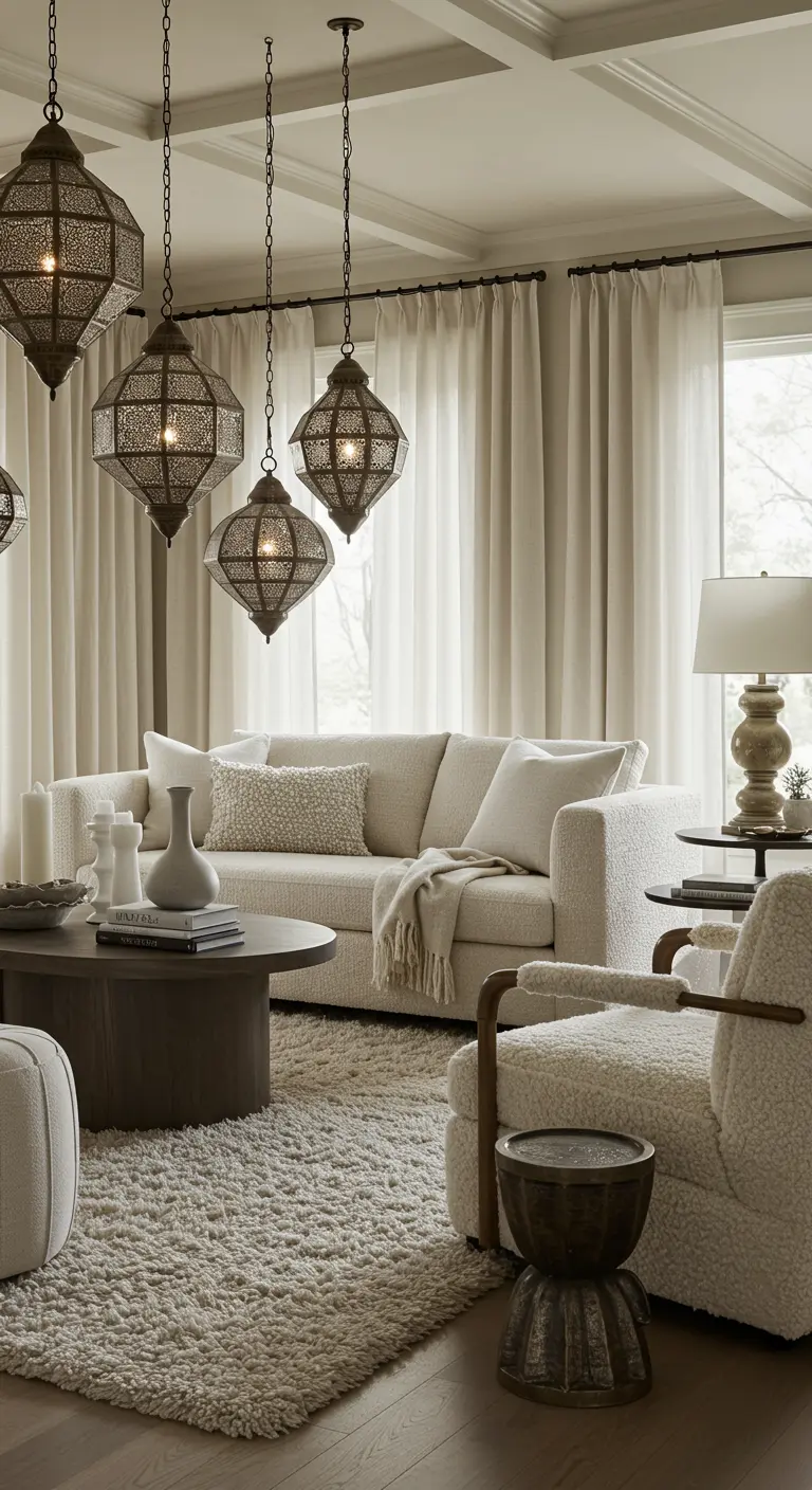 A serene living room in shades of cream with a boucle sofa and hanging Moroccan lanterns.