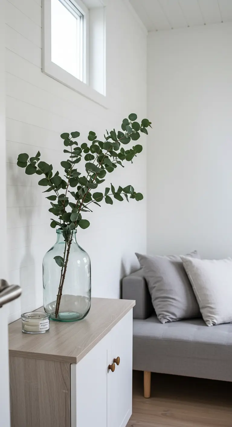 A simple glass vase with eucalyptus branches sits on a light wood cabinet in a white room.