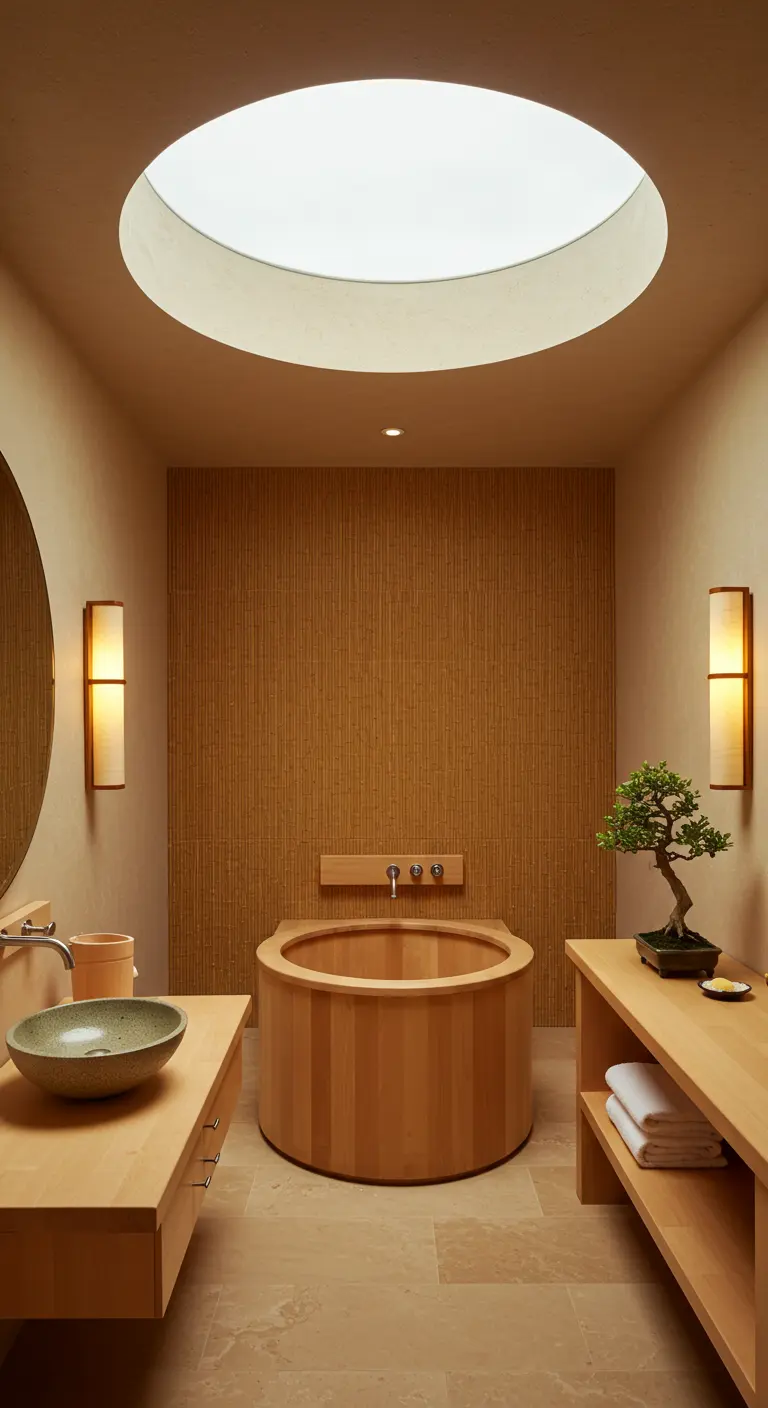 Minimalist bathroom with a circular skylight above a round wooden soaking tub and a bonsai tree.