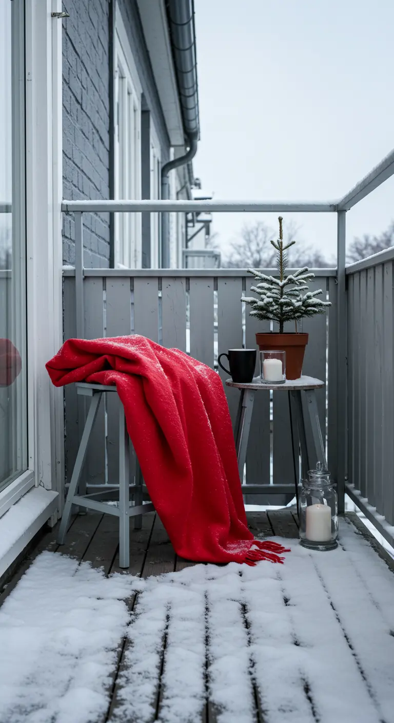 A bright red blanket draped over a grey stool on a snowy balcony, creating a pop of color.
