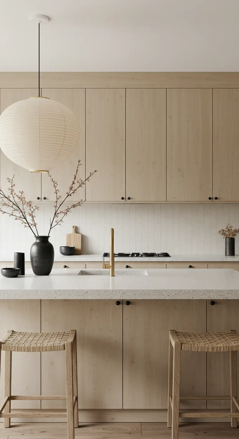 Japandi kitchen with light wood cabinets, a paper lantern pendant, and woven stools.