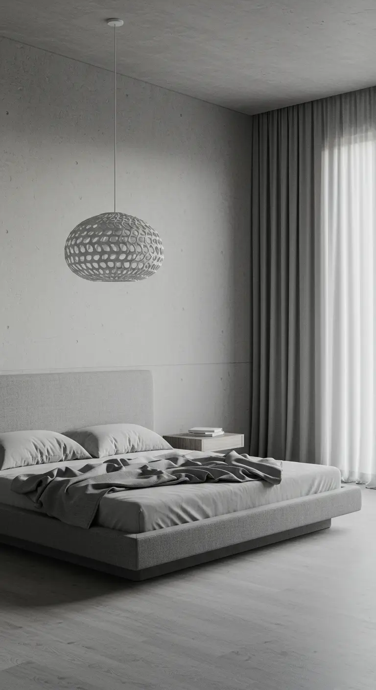 Minimalist gray bedroom with a large, perforated pendant light over a low platform bed.