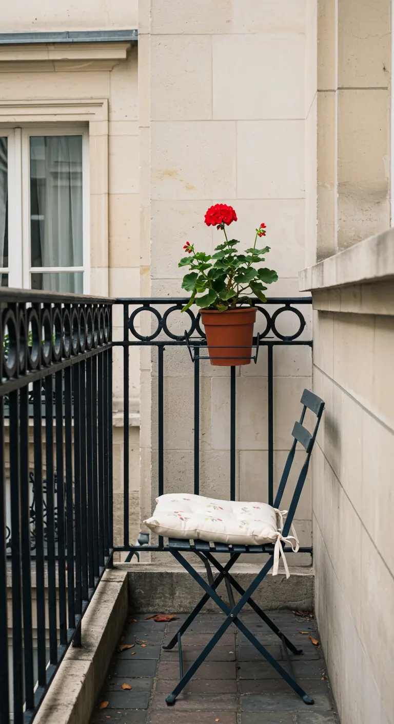 A narrow balcony with one chair and a single red geranium in a hanging pot.