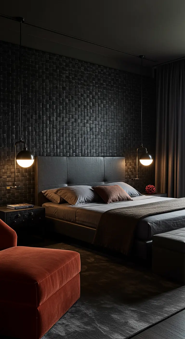 Bedroom with a dark textured tile wall and hanging globe pendant lights.