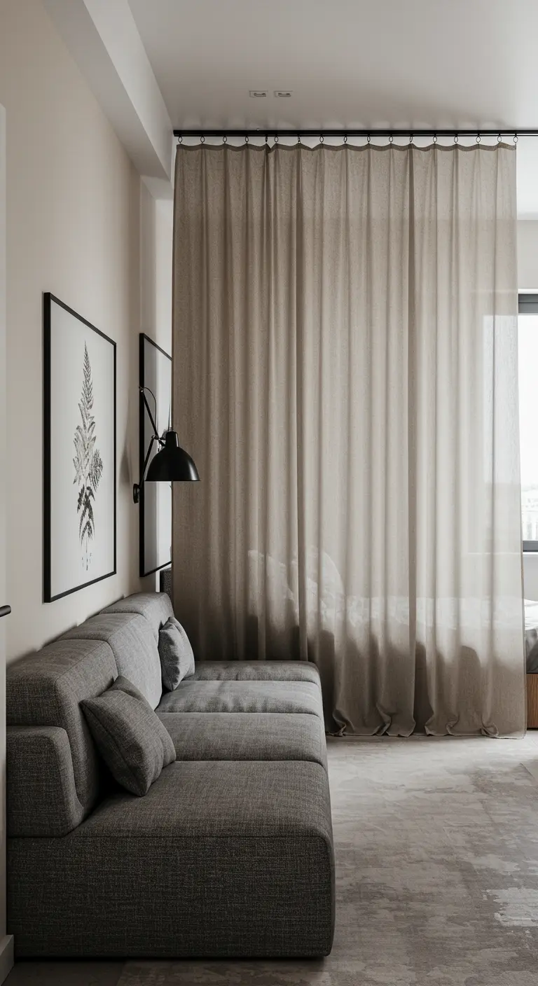 A gray modular sofa next to a sheer gray curtain dividing a bedroom space.