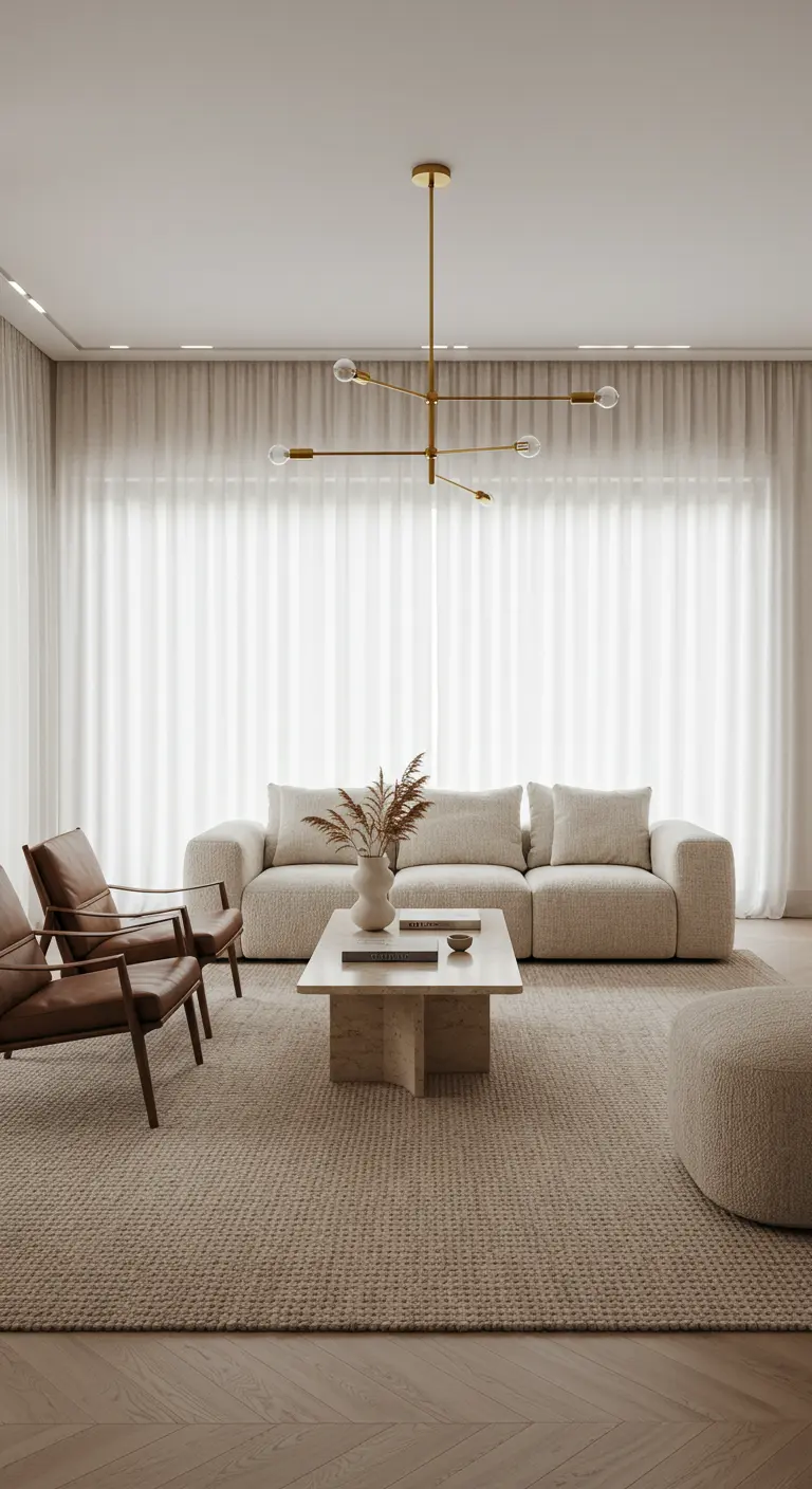 Neutral living room with boucle sofa, leather chairs, and travertine coffee table.
